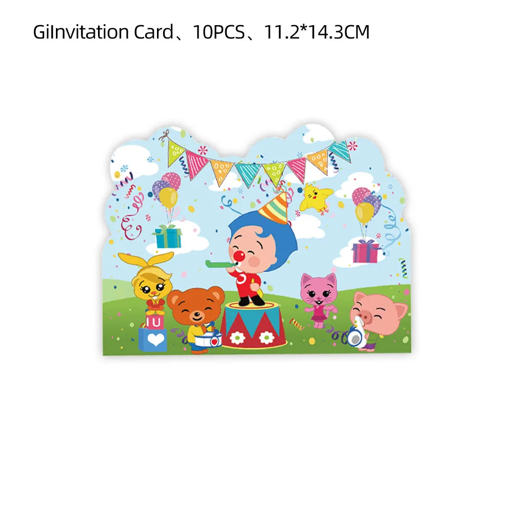 A set of 10 colorful paper cards featuring circus characters and balloons for a birthday party.