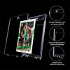A clear acrylic magnetic card holder with protective features shown alongside close-up details.