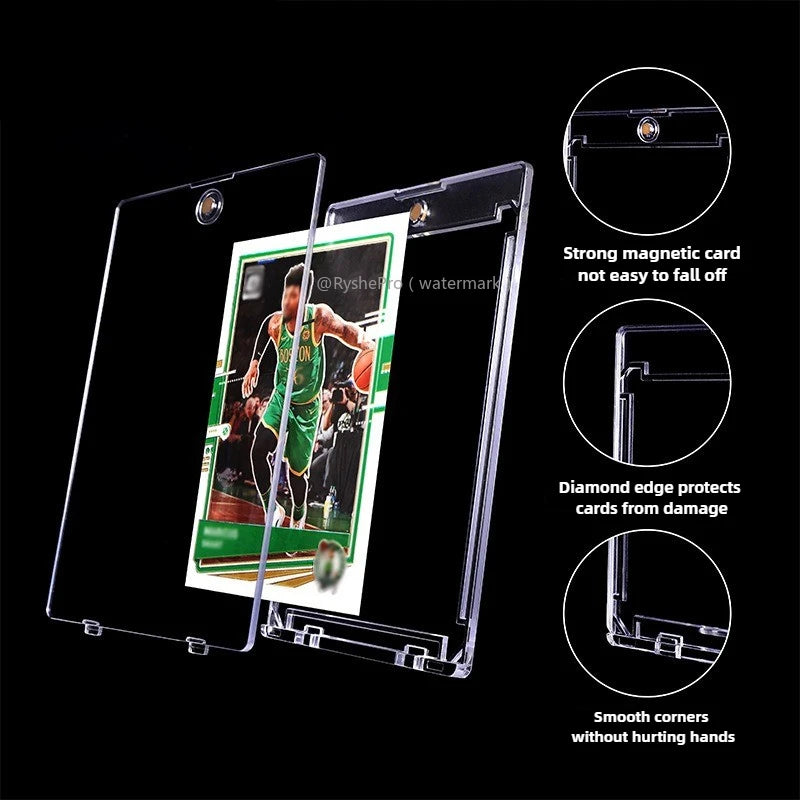 A clear acrylic magnetic card holder with protective features shown alongside close-up details.