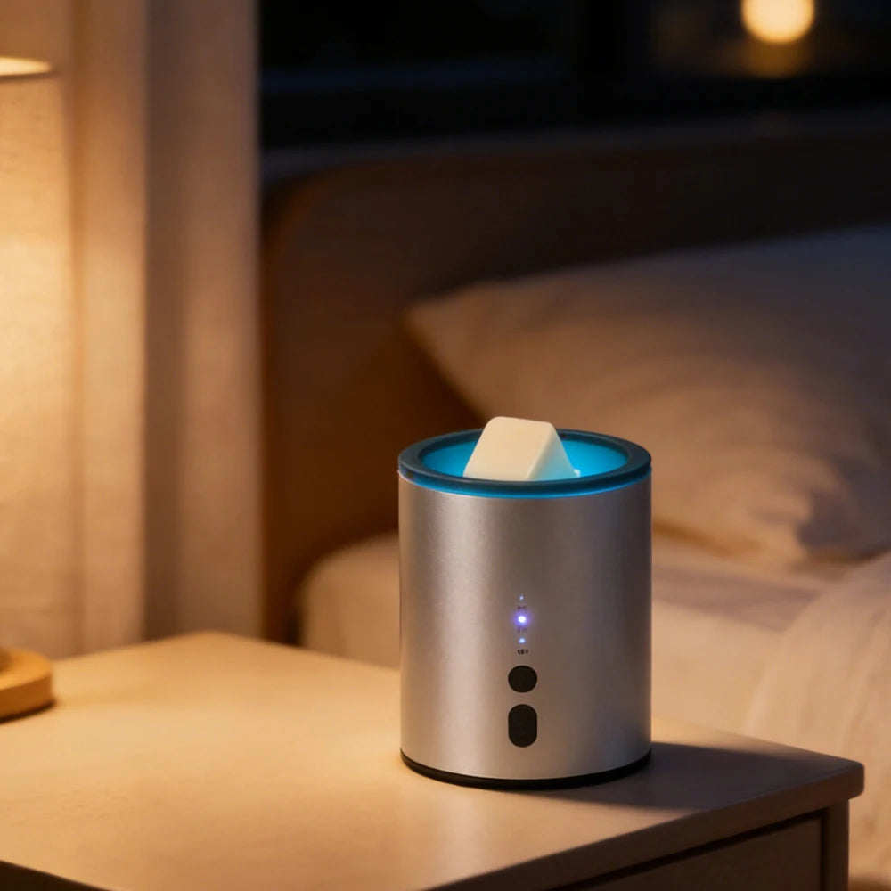 A silver electric candle warmer lamp with a blue light is placed on a bedside table next to white wax melts.