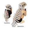 A wearable dinosaur skeleton costume featuring a head and spine, displayed next to a measurement scale.