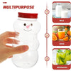 A hand holds a clear glass jar shaped like a snowman with a red lid, demonstrating a multipurpose beverage container.