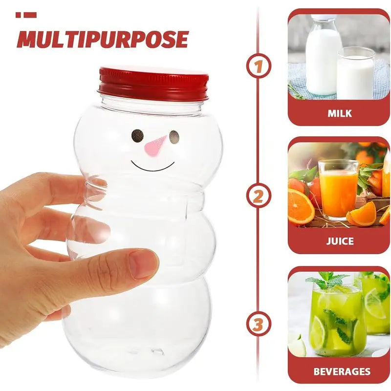 A hand holds a clear glass jar shaped like a snowman with a red lid, demonstrating a multipurpose beverage container.