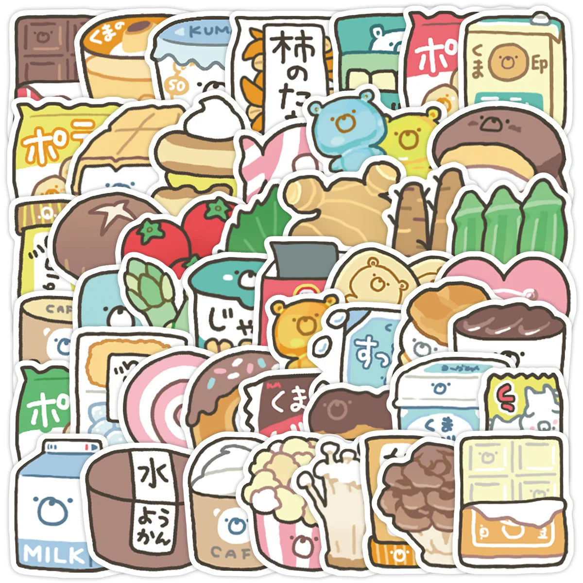 A collection of cute pink graffiti stickers featuring various food items and characters.