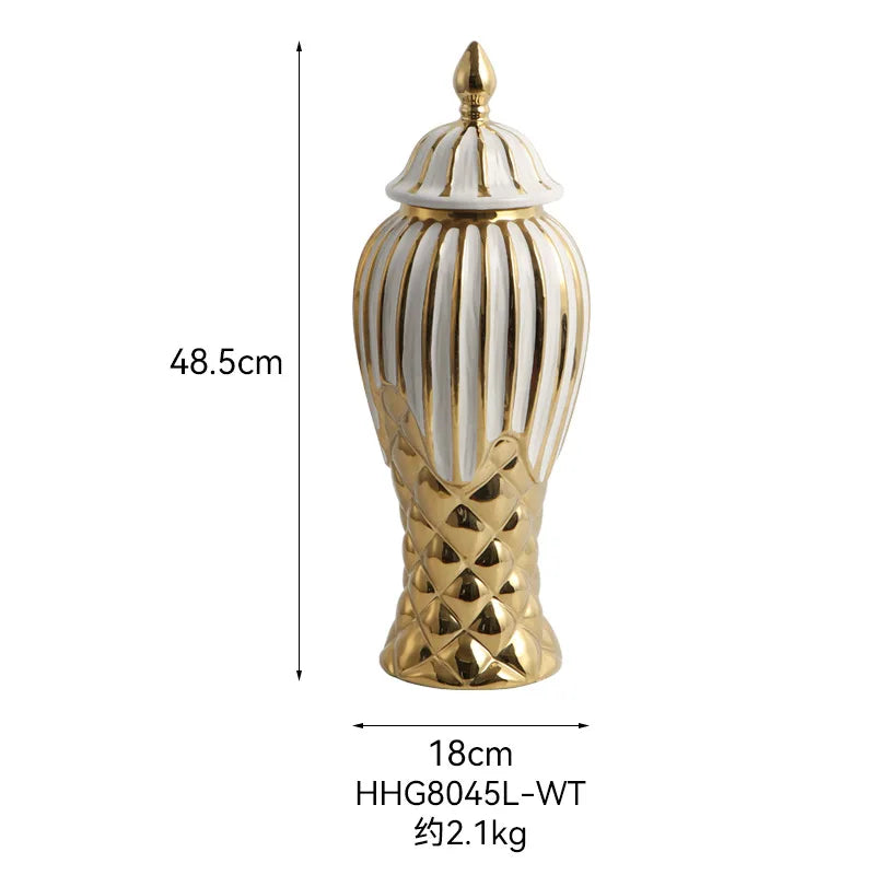 Gold and white striped ceramic decorative vase with a finial