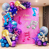 A vibrant display of purple and silver foil balloons shaped like musical notes and stars against a pink backdrop.
