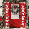 A festive red door banner decorated with Christmas wreaths and holiday greetings for the New Year.