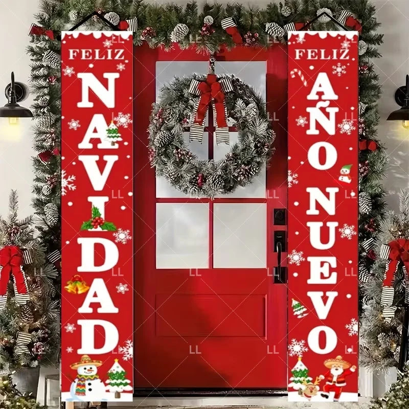A festive red door banner decorated with Christmas wreaths and holiday greetings for the New Year.