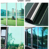 Green-silver privacy window film shown in various applications including a rolled-up tube and installed glass panels.