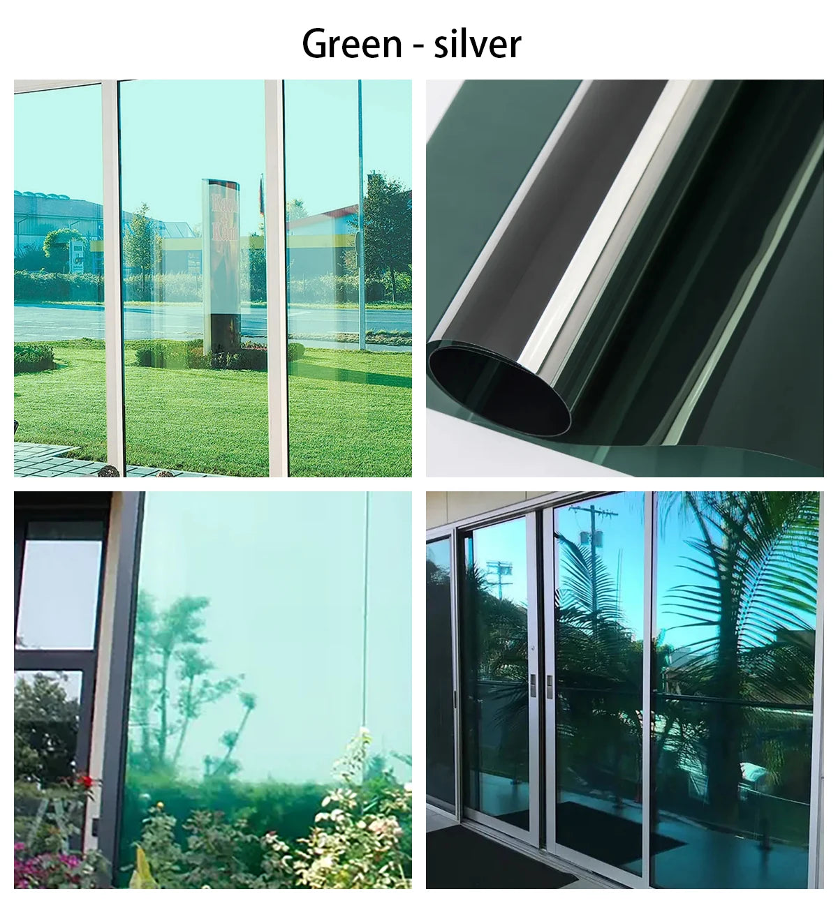 Green-silver privacy window film shown in various applications including a rolled-up tube and installed glass panels.