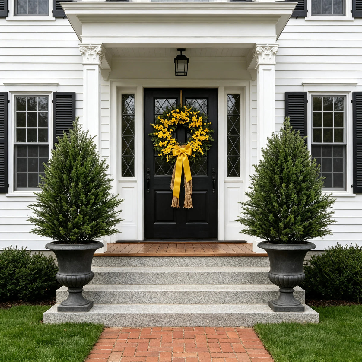 A black front door surrounded by white columns and flanked by tall green topiary trees on a stone walkway.