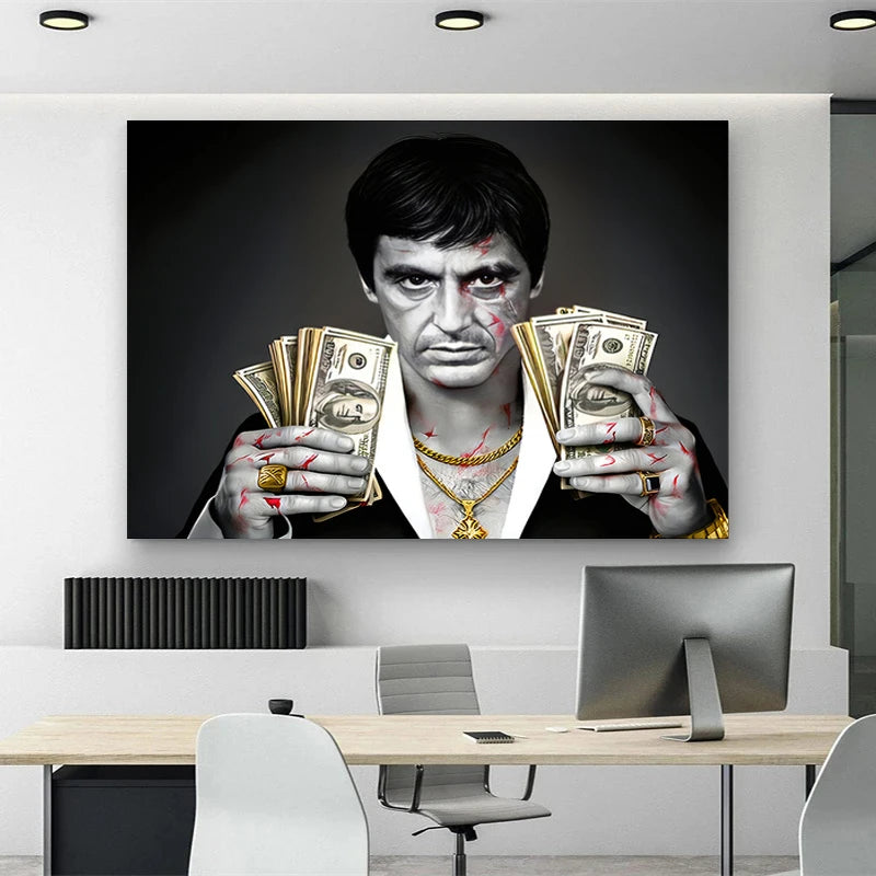 A canvas print featuring a dramatic close-up of a man with blood on his face holding stacks of money.