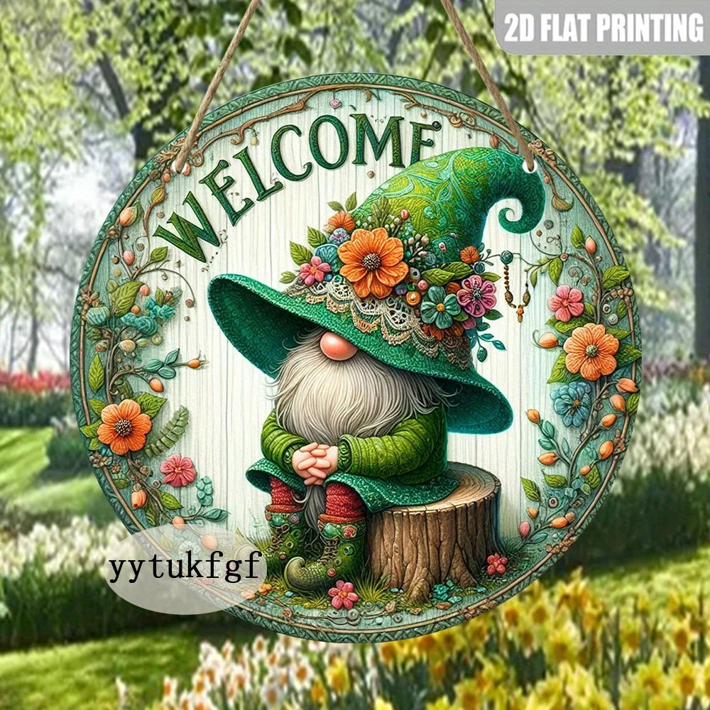 A 2D flat printing of a handcrafted wooden garden gnome welcome sign featuring a green witch hat and beard surrounded by flow