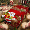 A red Christmas poinsettia rectangle tablecloth featuring Santa Claus and a reindeer design.