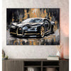 Vintage oil painting style canvas art of a black Bugatti sports car on a reflective surface.