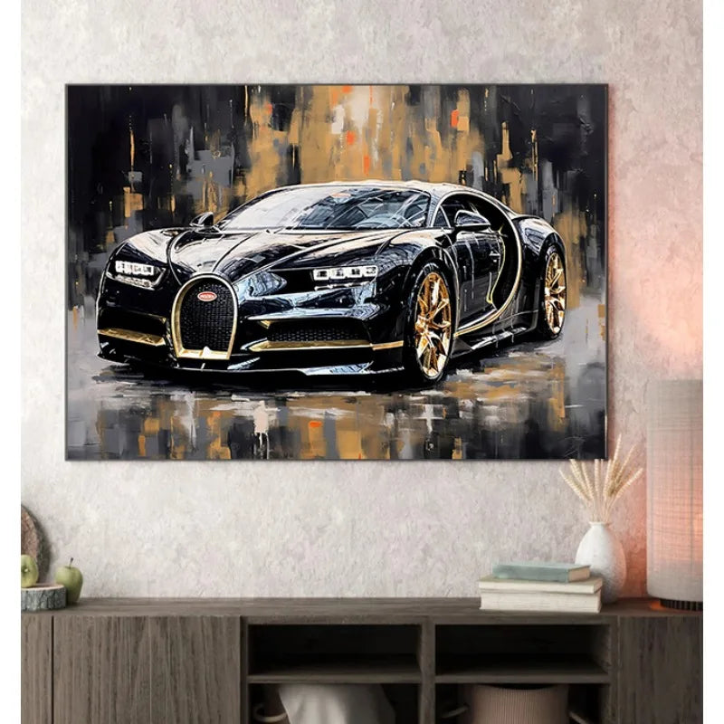Vintage oil painting style canvas art of a black Bugatti sports car on a reflective surface.