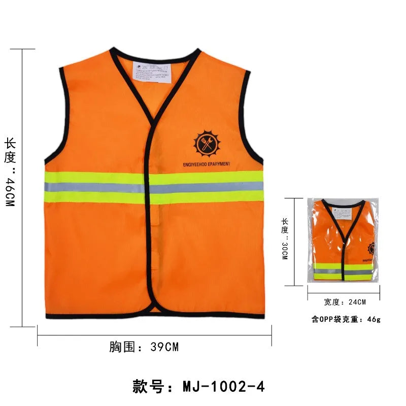 Safety orange vest with reflective stripes and an embroidered logo for a construction vehicle themed party