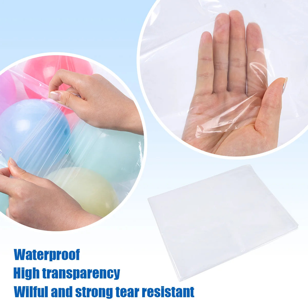Clear plastic balloon storage bag showing various colored balloons and a hand demonstrating its tear resistance.