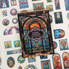 A sheet of vintage floral window scrapbooking stickers featuring colorful stained glass designs and botanical elements.