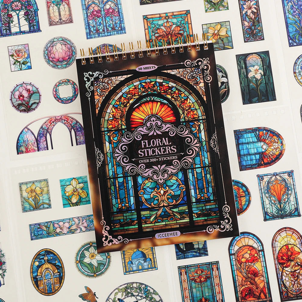 A sheet of vintage floral window scrapbooking stickers featuring colorful stained glass designs and botanical elements.