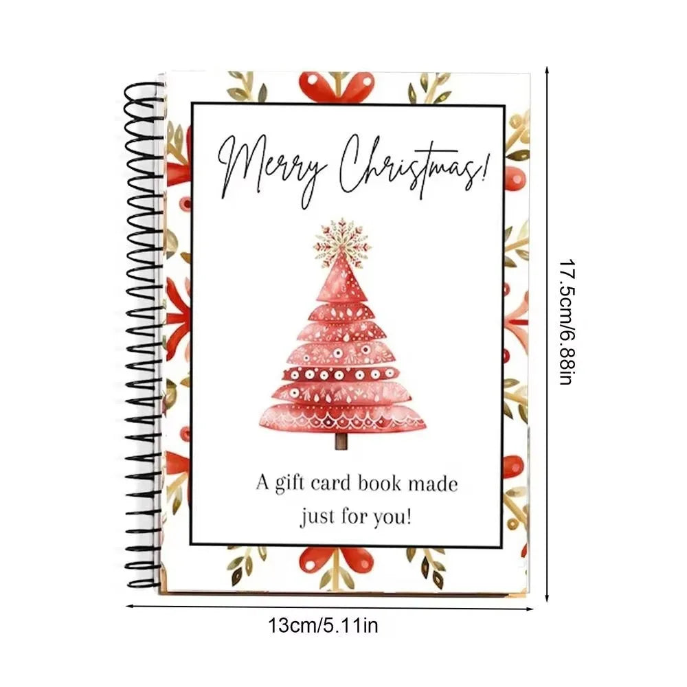 A spiral-bound gift card book with a festive Christmas design featuring a pink and red Christmas tree.
