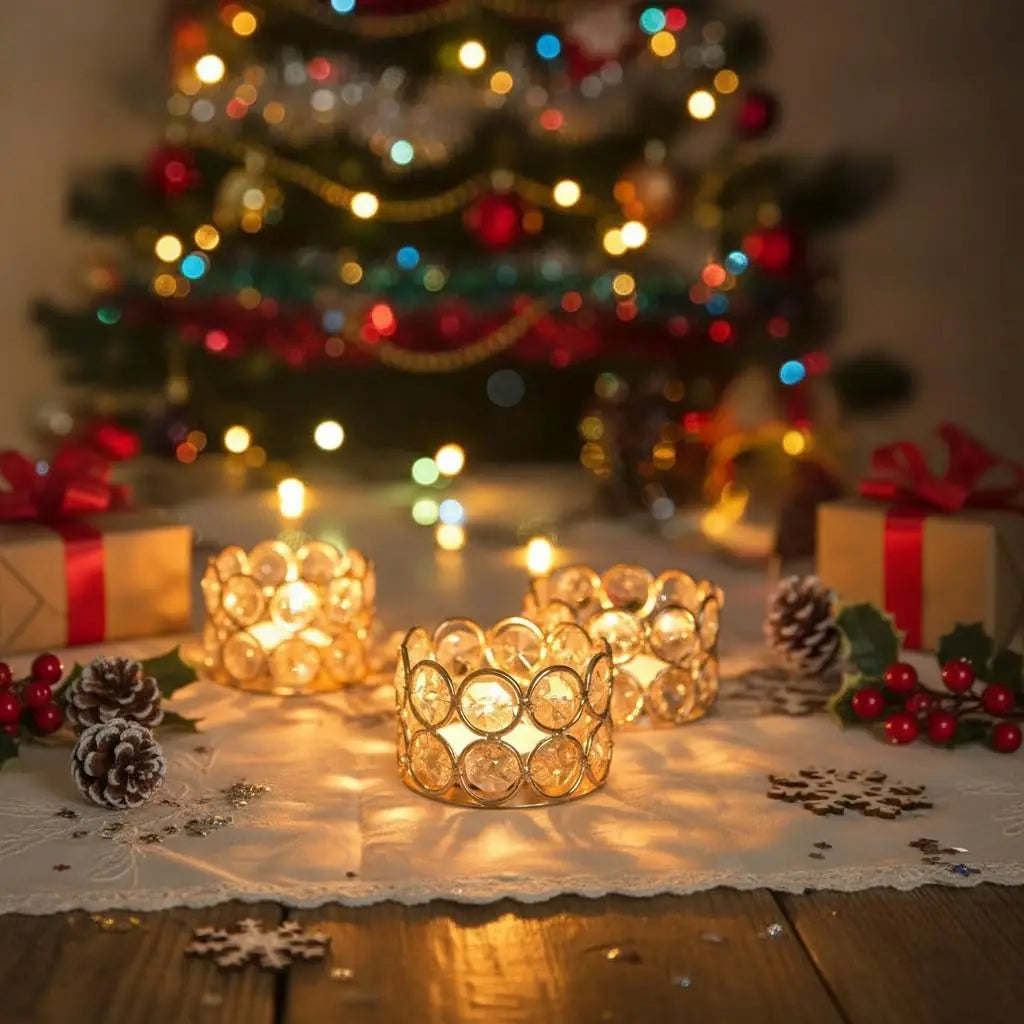 A set of gold crystal votive candle holders resting on a white cloth with pinecones and holiday decorations.