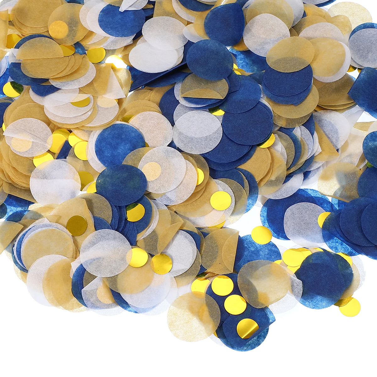 A pile of round tissue paper confetti dots in shades of blue, gold, and white.