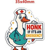 A cartoon duck wearing a doctor's coat and stethoscope, with text that reads HONK IF IT'S AN EMERGENCY.