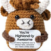 Handmade crochet Highland cow baseball bat doll with a positivity card