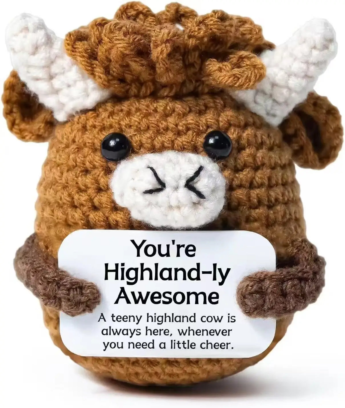 Handmade crochet Highland cow baseball bat doll with a positivity card
