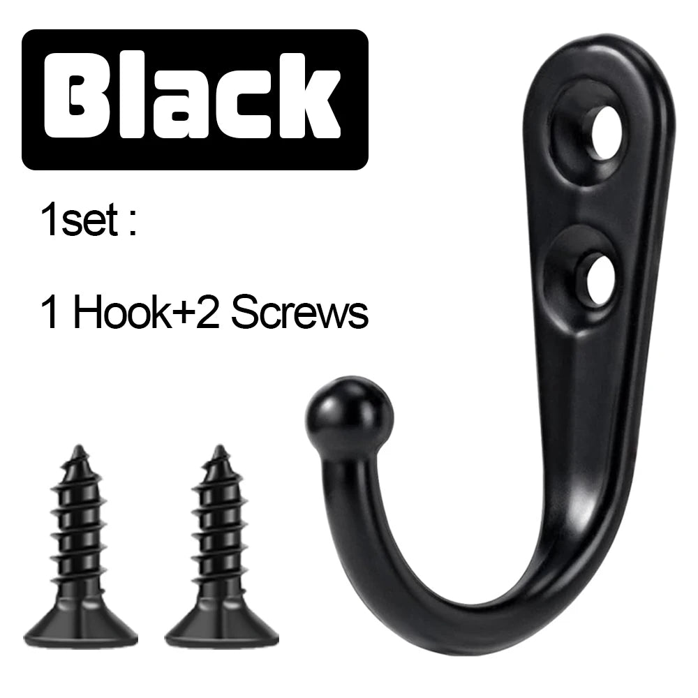 Black wall hook set including one hook and two screws for hanging items