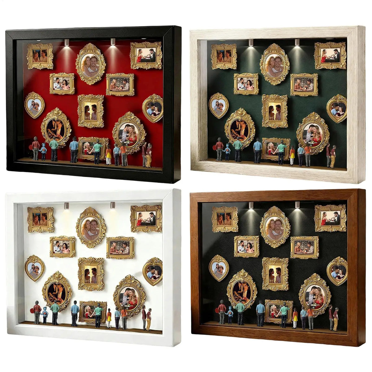 A set of three illuminated museum-style photo display cases featuring gold frames and figurines.