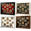 A set of three framed museum-style photo display cases with LED lighting and miniature figurines.