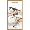 A dinosaur fossil excavation kit showing a dinosaur skeleton model and tools being used to excavate a fossil in sand.