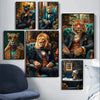 A gallery wall featuring four canvas prints of leopards and lions in various floral and natural settings.