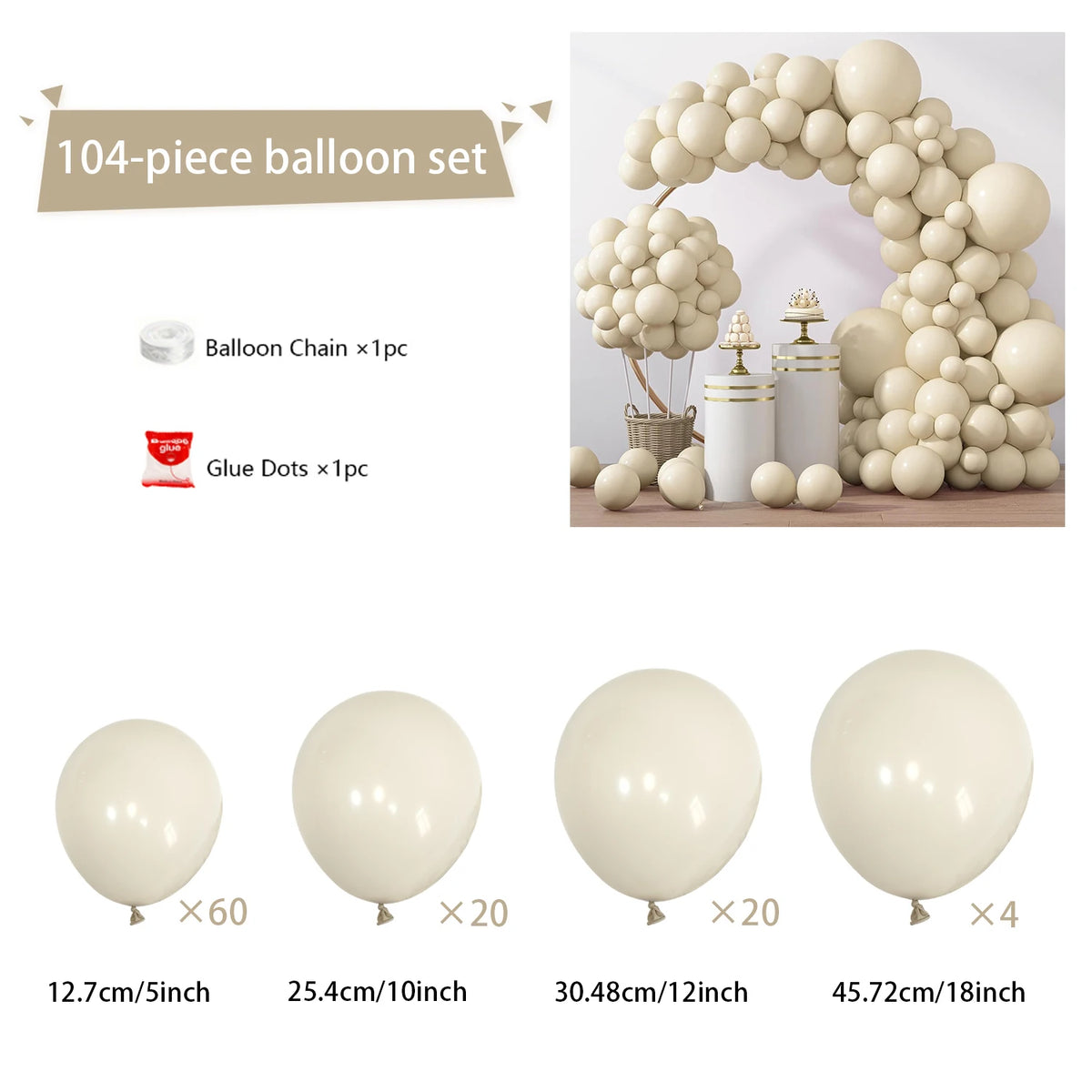 A set of 104 balloons and glue dots for creating a balloon arch decoration.