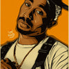 A portrait of Tupac Shakur in a dark cap and shirt, rendered in a stylized, warm orange tone.