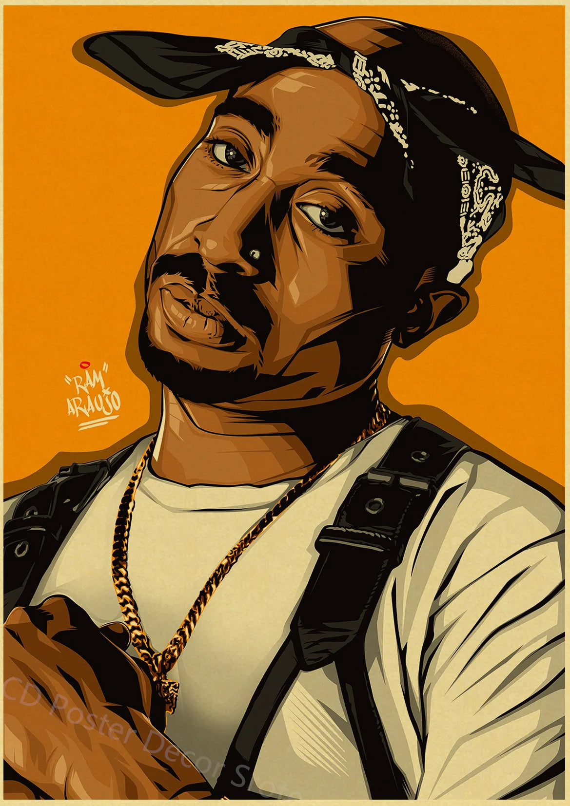 A portrait of Tupac Shakur in a dark cap and shirt, rendered in a stylized, warm orange tone.