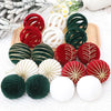 A collection of velvet Christmas tree hanging ornaments in red, green, and gold finishes.