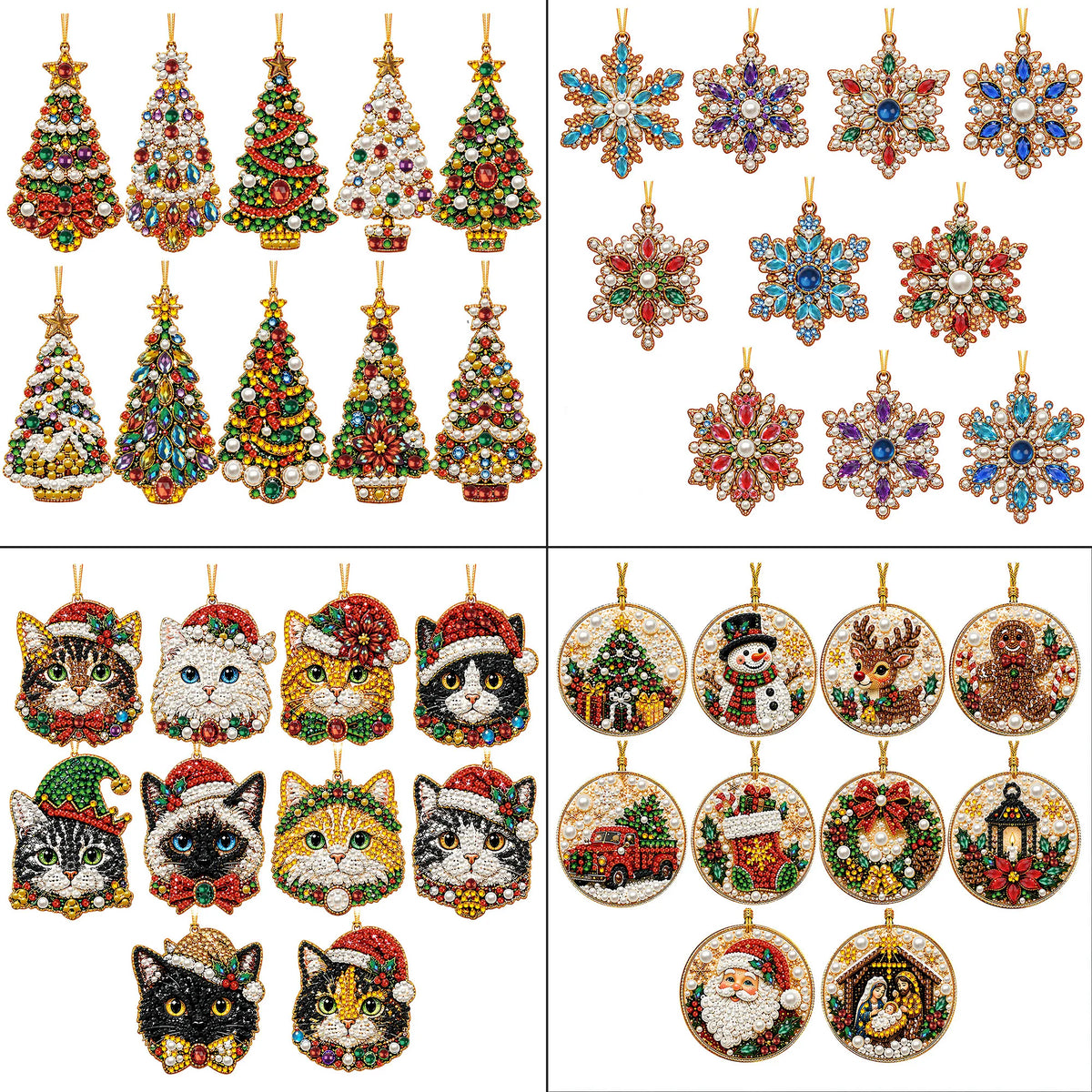A collection of diamond art ornaments featuring Christmas themes like Santa, snowman, and reindeer pendants.