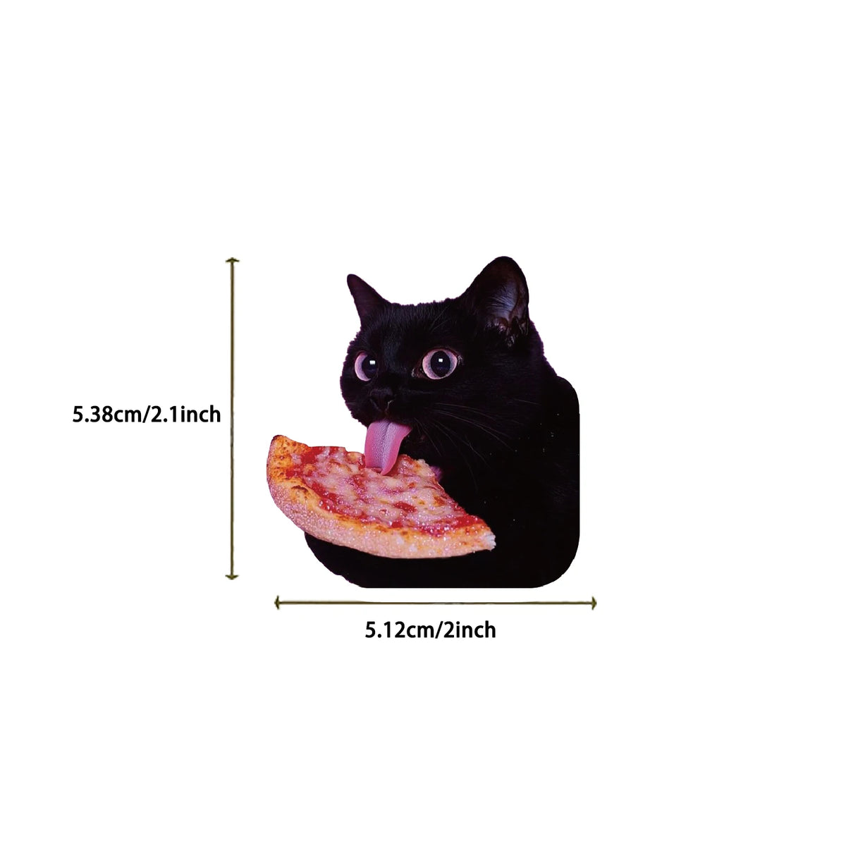 A black cat is shown next to a slice of pizza, demonstrating the size of the waterproof vinyl decals.