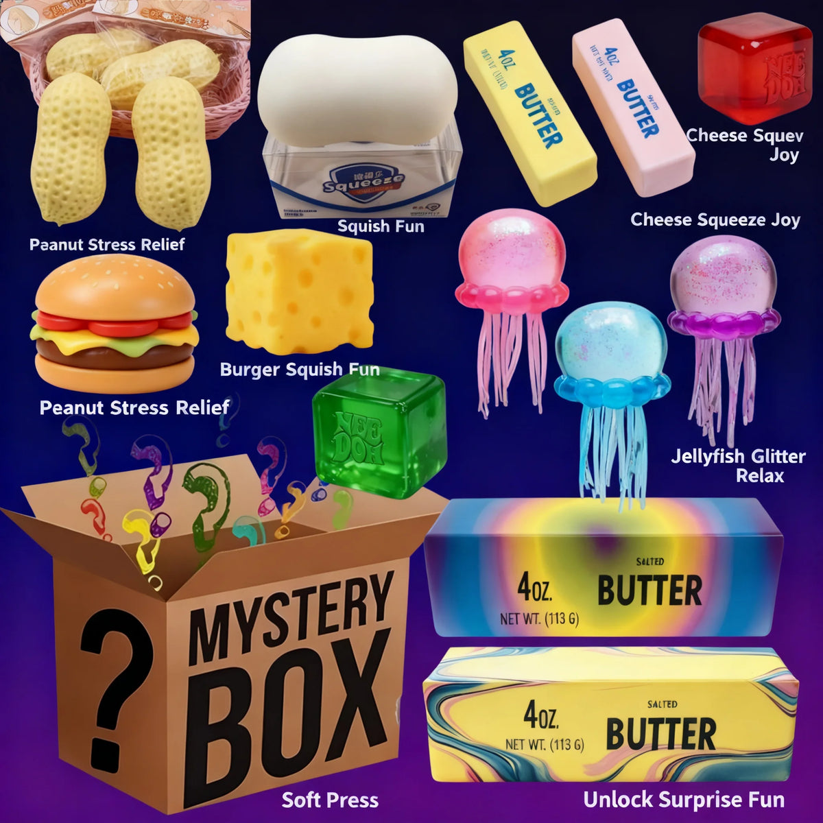 A mystery box containing various squishy toys including a burger, a yellow cube, and butter-shaped items.