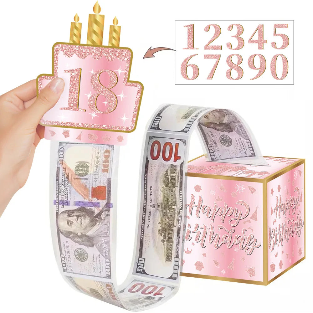 A hand holds a pink birthday cake topper with the number 18 and a ribbon of $100 bills tied around a pink gift box.