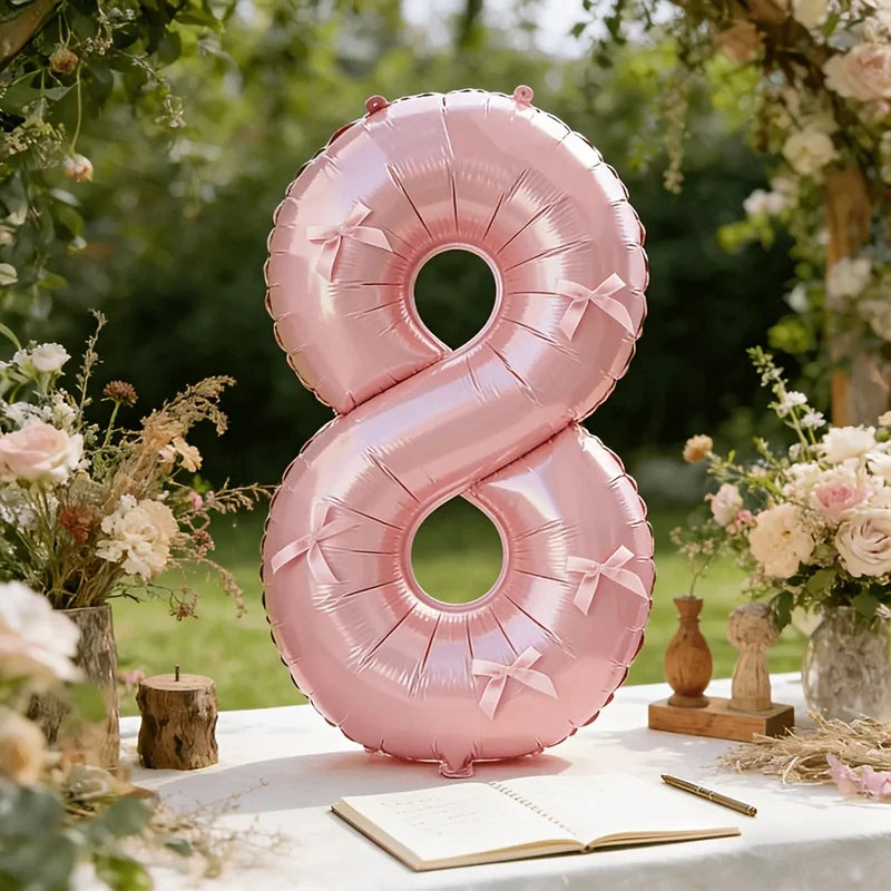 A large pink foil number balloon shaped like the number eight is displayed outdoors among greenery and flowers.