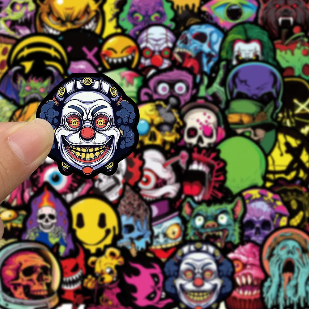 A dense collage of colorful, stylized skull and ghost face characters in a sticker design.