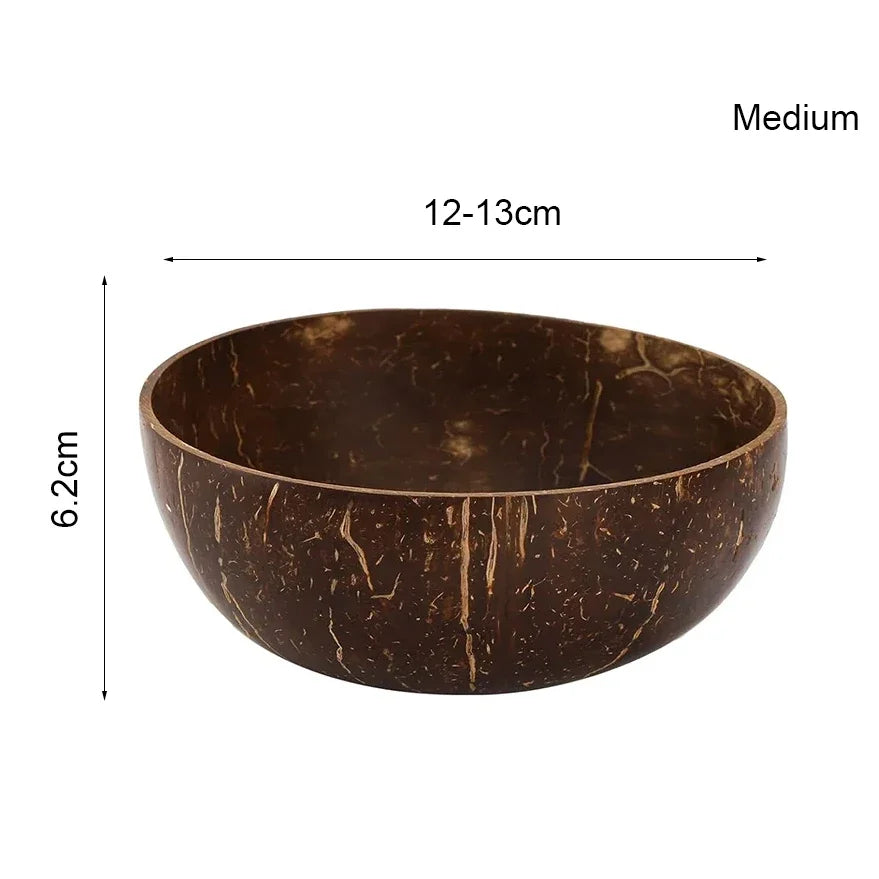 A dark brown natural coconut shell serving bowl with visible grain texture.
