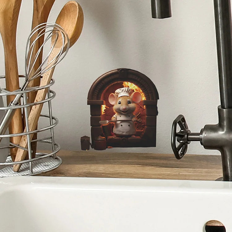 A cute mouse wall decal featuring a mouse character in a rustic wooden frame and fire background.