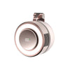 A close-up view of a rose gold magnetic bladeless handheld fan with a circular grille and a metallic accent.