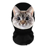 A realistic cat face printed on a black balaclava mask.