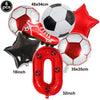 Un set de six ballons de football rouges et blancs, incluant un ballon, une étoile et un ballon avec le chiffre zéro.
